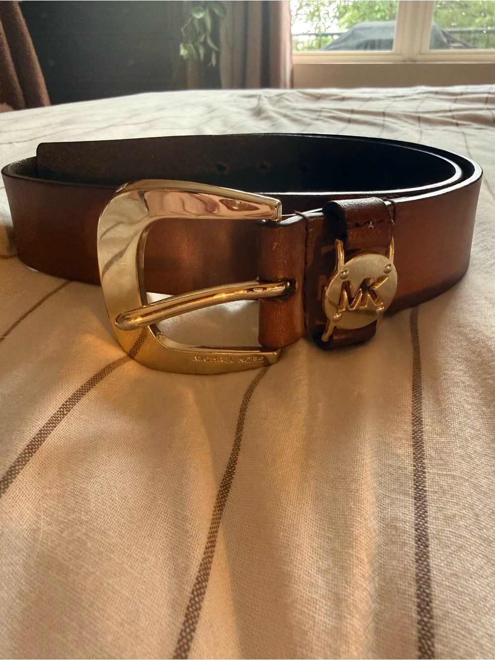 Michael Kors Brown Leather Belt with Gold Buckle and MK Charm
